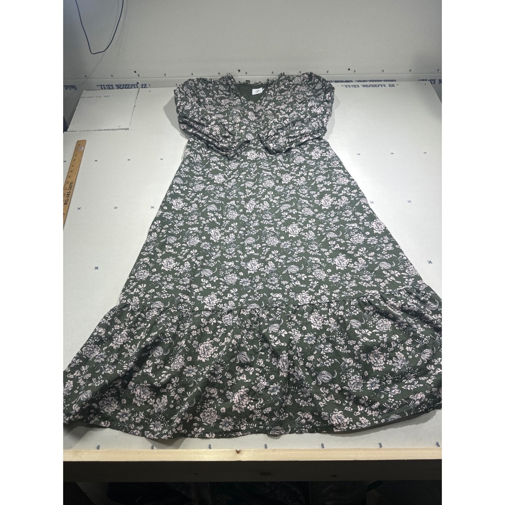 The Nines by HATCH Maternity Floral Ruffle V-Neck Maxi Dress Green Pink Medium